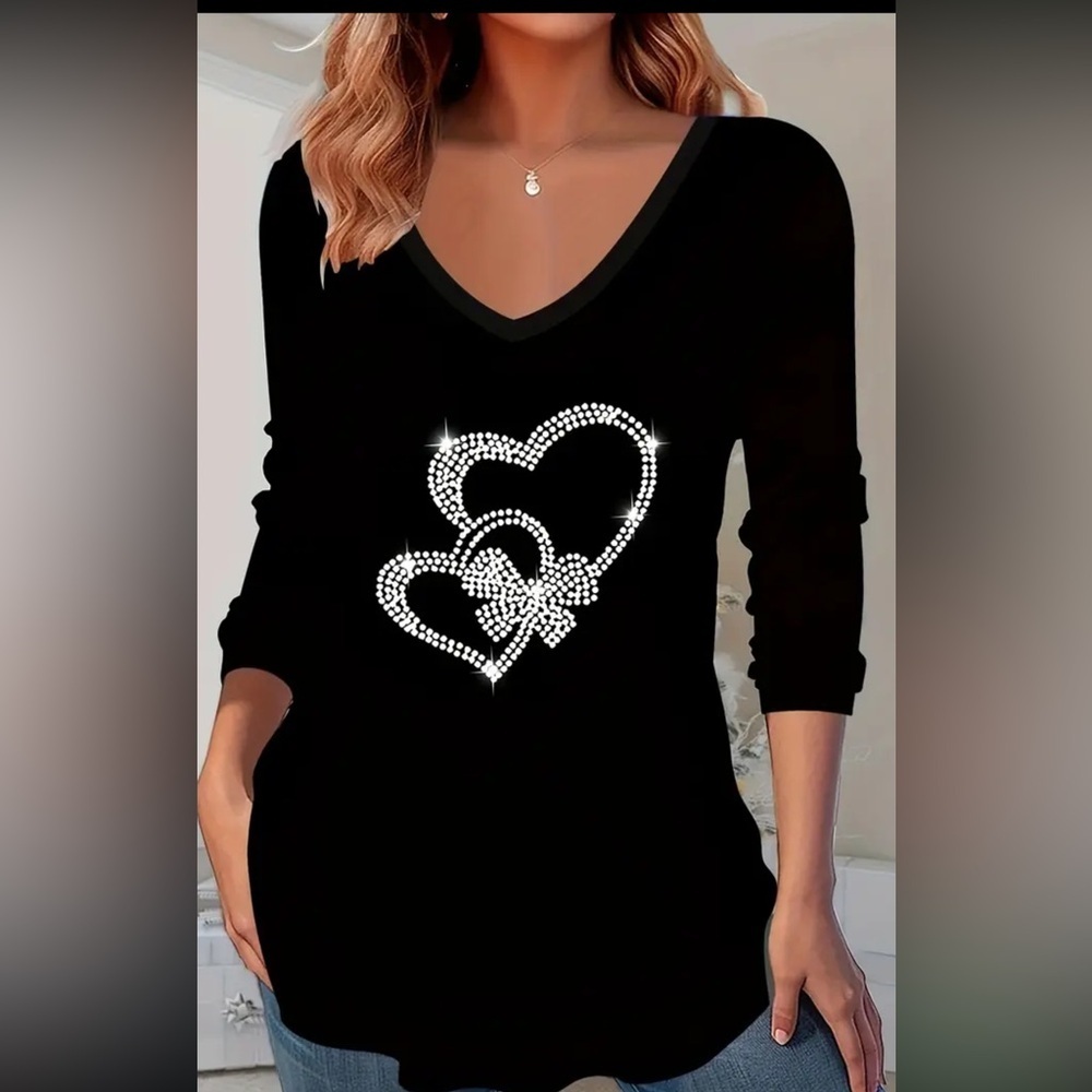 New Boutique Double Hearted Rhinestones  VNeck Long Sleeve Tee plus sizes 🩷 J